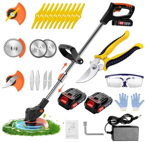 Desbrozadora eléctrica, 21 V 2.0 Ah, funciona con pilas, desbrozadora inalámbrica con altura ajustable y cabezal giratorio. Cortadora de césped adecuada para jardines, arbustos, patios