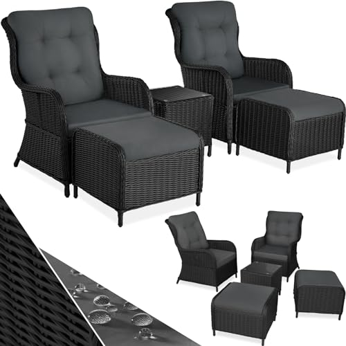 tectake® 2X Premium Rattan Sessel mit Hocker und Tisch, Relaxsessel für Garten, Terrasse und Balkon, Lounge Gartenmöbel Set wetterfest, Gartenstühle, Lesesessel und Sonnenliege - schwarz/grau