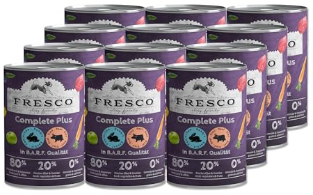 Fresco Complete Plus (haltbares B.A.R.F.) 12 x 400g Kaninchen mit Rind | Nassfutter für Hunde | getreidefrei | ohne künstliche Zusätze