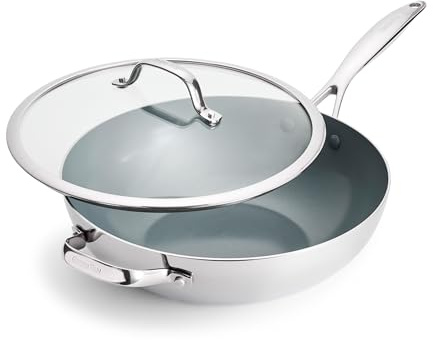 Greenpan Valencia Pro Tri-Ply Stainless Steel 12” Wok with Lid, Healthy Ceramic Nonstick PFAS-Free PFOA- Free Coating, Multi Clad Cookware, Induction, Dishwasher Safe, Oven and Broiler Safe