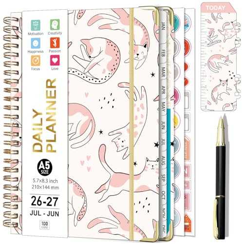 Gumiho Agenda semanal 2026 2027 Espiral A5 Planner (julio de 2026 – junio de 2027) – Agenda escolar con Bolígrafo, Regla Marcador y Pegatinas de plan