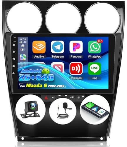 NHOPEEW 2+64G Radio Android 9 Pulgadas para Mazda 6 2002-2015 - Soporta Wireless CarPlay & Android Auto, Navegación GPS, Control del Volante, FM RDS, Pantalla Dividida + Cámara de Reversa