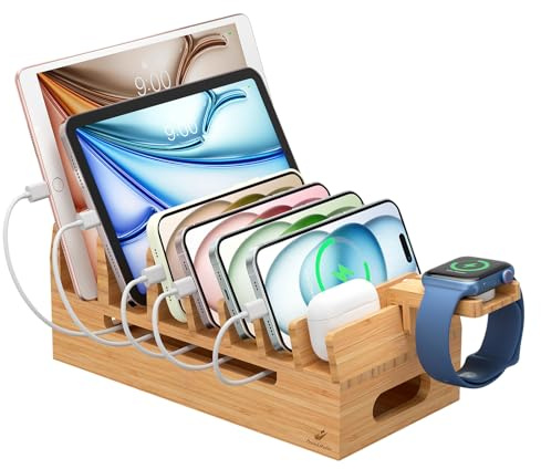 Pezin & Hulin Bamboo Charging Station with Watch Stand, Docking Holder for Multi Device, Desktop Dock Stations Electronic Organizer for CellPhone, Tablet, Watch-No Charger Power Supply-Natural Bamboo