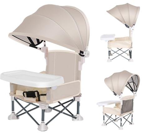 Silla De Comedor Plegable Portátil Bebe Niños Con Bandeja Extraíble Y Sombrilla, Trona Para Bebé, Silla De Camping Bebe, Sillas De Alimentación, Asiento Elevador De Viaje Para Acampar, Playa, Césped