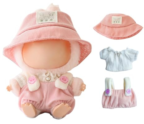 Clothes for Labubu 17cm Dolls Accessories(No Doll), Cute Outfit Set 3 Pieces Bib Pants Suitable for 17cm Doll Suit, Stylish Dress Up Overalls Doll Clothing Set Replacement with Hat Clothes Pink