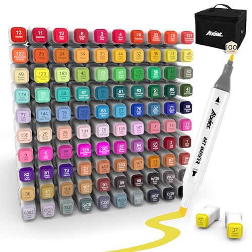 ABEIER 100 Colori Pennarelli Doppia Punta ad Alcool Professionali, Pennarelli Disegno Artistico con Asciugatura Rapida per Pittura, Schizzi e Colorazione per Adulti