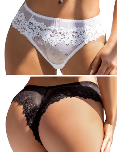 comeondear 2 Pezzi Perizoma Sexy Donna Pizzo Tanga Seducente a Vita Bassa Mutande Brasiliana Taglie Forti Mutandine Slip Elasticizzato G-String Hot Biancheria Intima Lingerie Bikini Nero+Bianco,XL