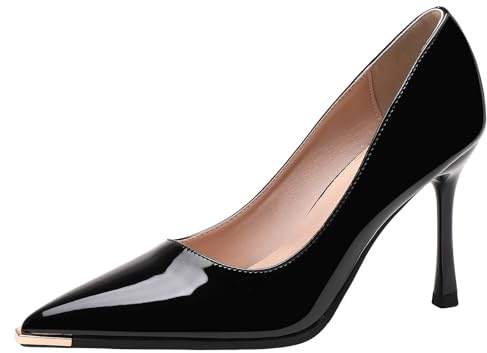 Wtharosa Zapatos de Tacón Elegantes Mujer Cuero de Charol Punta Afilada Tacón de Aguja Pumps Profesionales Zapatos de Oficina para Recepción Nocturna y Novia Ajuste Ancho Slip On,Black 5cm,39 EU