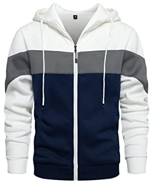 Wirltte Mens Hoodie Zip up Hoodies Color Block Hooded Sweatshirt Long Sleeve Patchwork Tops with Pockets White L