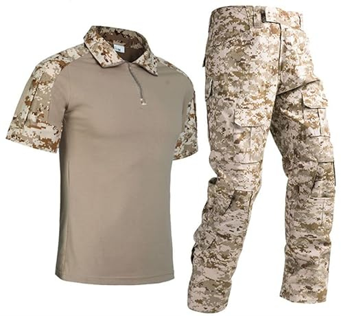 Uugood Camiseta Hombre Manga Corta Uniformes Tácticos Militares, Camisa de Combate y Pantalón, Camiseta Camuflaje de Verano, Conjuntos de Pantalón para Airsoft, Caza, Paintball, Desierto, 3XL