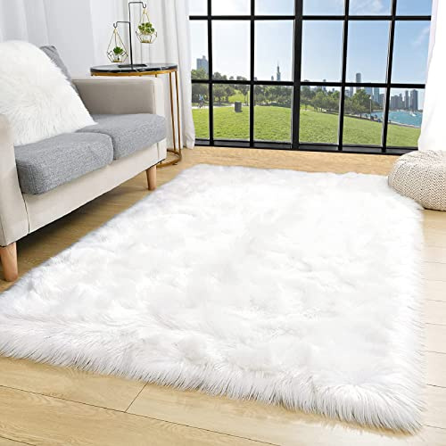 TENNOLA White Faux Fur Rug 3x5 Faux Sheepskin Rugs for Living Room Fluffy Washable Area Rugs for Bedroom Nursery Room Luxury Room Decor Furry Fuzzy Rug Rectangle Carpet