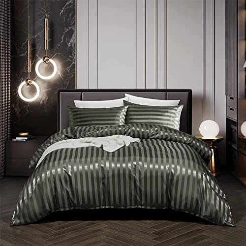 Freyamy Bettwäsche 135x200cm 2teilig Grau Satin Glänzend Gestreift Bettwaren-Sets Uni Seide Glatt Luxus Bettwäsche Sommer Kühlender Bettbezug mit Reißverschluss und Kissenbezug 80x80cm