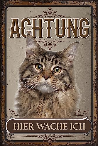 Cartel de gato resistente a la intemperie y estable para el exterior – Señal de advertencia: ¡Atención aquí wache ich! – Cartel decorativo de aluminio Dibond, resistente a la intemperie, 30 x 20 cm