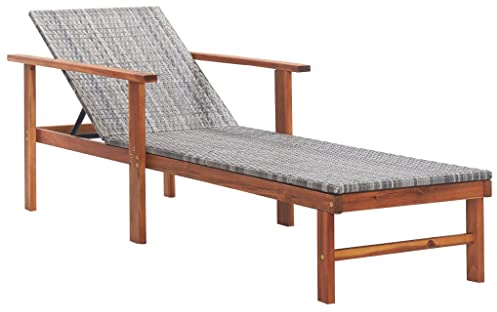 FIRBNUS Sonnenliege Poly Rattan und Akazie Massivholz Grau Sonnenliege Balkon Sonnenliege Holz Gartenliege Holz Gartenstuhl Holz Gartenliege Rattan Gartenstuhl Rattan Gartenliegestuhl
