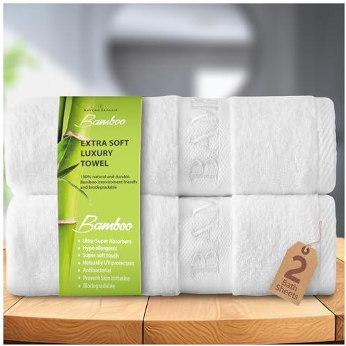 GC GAVENO CAVAILIA Bamboo Bath Sheet Extra Large (80x140cm) - 500 GSM Super Water Absorbent Towels Large Bamboo Towels 2 Pack (60% Bamboo, 40% Cotton) - Extra Soft Towel Bath Sheets - White