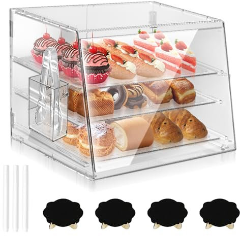 3-Tier Pastry Display With Removable Bakery Case, Bread Tong, Commercial Countertop Cookie Display, Front & Rear Door Access