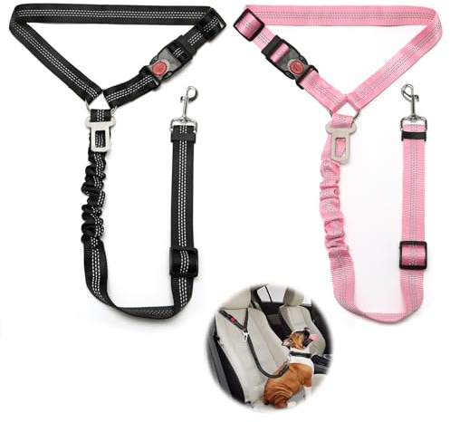 2 Pcs Adjustable Dog Car Seat Belt, Dog Seat Belts for Cars UK, Anti Shock Elasticated Cushioned Pet Seat Belt for Car Vehicle (Black + Pink)