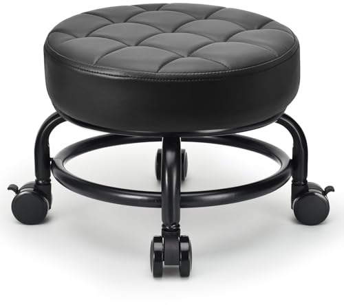 LWADALN Low Roller Seat Low Height Rolling Stool PU Leather Rolling Stool, Modern Rolling Chair for Home Office Garage Shop
