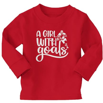 Haase Unlimited A Girl with Goals - Sports Hockey Long Sleeve Toddler Cotton Jersey Shirt (Red - Long Sleeve, 5T/6T)