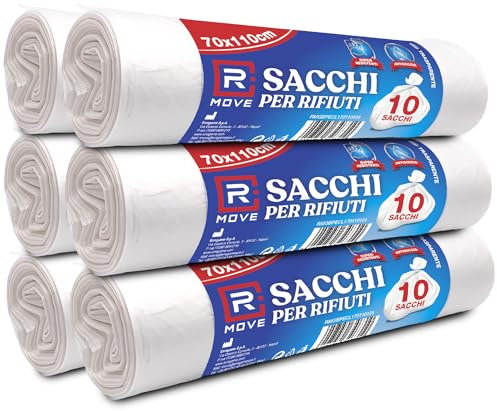 RMOVE 60 sacchi spazzatura 70x110, 6 rotoli di spazzatura grandi, sacchi spazzatura da 110 litri, sacchi condominiali, sacchi immondizia grandi facili da chiudere e trasportare (Bianco)