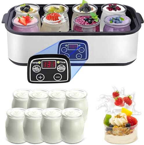 Yogurtiera Automatica con Display LCD, Fermentatore 1400ML con 8 × 180ML Contenitori in Vetro, Controllo della Temperatura & Timer 0-48H, per Yogurt & Formaggio Fatto in Casa