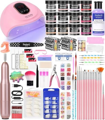 DouborQ Acrylic Nail Kit Starter Set 12 Colors Acrylic Powder Electric Nail Drill Lamp And Tips Tools Supplies for Beginner with Everything