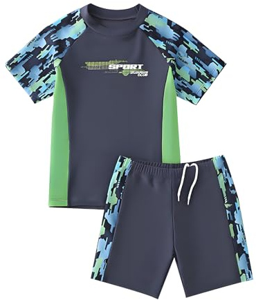 Maillot de Bain Enfant Garcon, Tee Shirt Anti UV et Short de Bain, 2PCS-ST02 (FR/ES, Âge, 4 Ans, 5 Ans, Taille Normale, Gris+Vert)