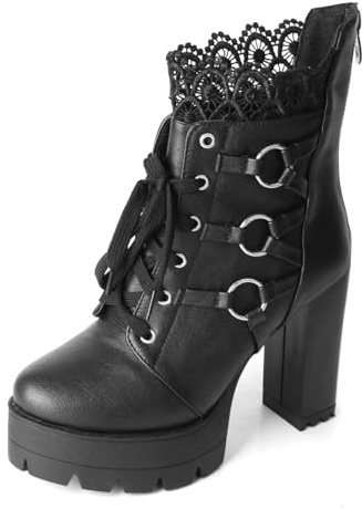 FOREADA Bottines noires à talons hauts pour femme - Bottines de combat à lacets gothiques à talons épais avec fermeture éclair, Talon noir, 40 EU