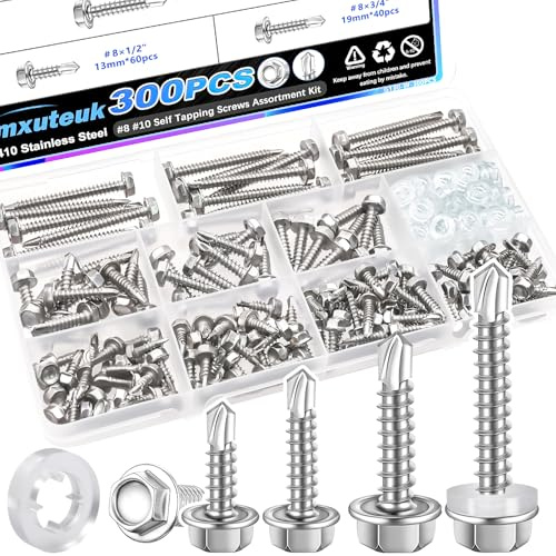 mxuteuk 300PCS #8#10 Self Tapping Screws for Metal,410 Stainless Steel Self Drilling Screws,Hex Washer Head Sheet Metal Screws Suitable for Wood, Metal or Tough Materials(150pcs Screw+150pcs Washer)