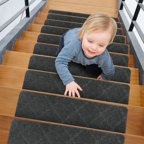 Wapasezyar 15 stycken trappstegmattor, 55 cm x 19 cm halkfria trappmattor, självhäftande för trästeg, trappstegsmatta för barn, äldre och hundar (mörkgrå)