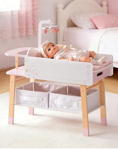ROBOTIME 18 Inch Doll Changing Table, Wooden Baby Doll Bed with Storage Bins & Drawer, Pink Doll Nursery Furniture for 18 Inch Dolls, Baby Doll Furniture for Pretend Play