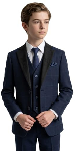 3-delad bröllopsdräkt för pojkar, marinblå med rutigt tryck och kontrast lapel, tweed-stil.