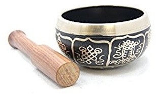 4 Exquisite Tibetan Singing Bowl Set for Meditation ~ Auspicious Eight Lucky Symbols, Buddha Eye & Dorje Painted ~ Silk Cushion & Wooden Mallet Included ~Handmade in Nepal by Thamelmart