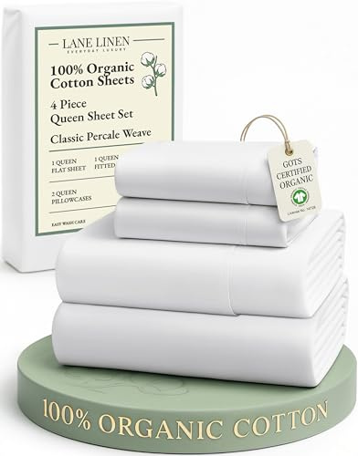 LANE LINEN Eco Friendly 100% Organic Cotton Queen Sheet Set, Soft & Comfy Fully Elasticized 15 Deep Pocket Bed Sheets, Low Pill Naturally Cooling Machine Wash Sábanas Queen- White Bed Sheets