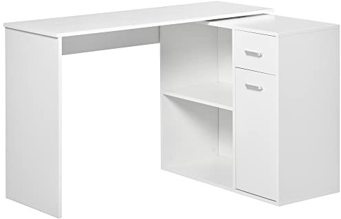 HOMCOM Scrivania Angolare per Studio e Ufficio con 2 Cassetti e 2 Ripiani, Scrivania Moderna in Legno, 117x82x74 cm, Bianco