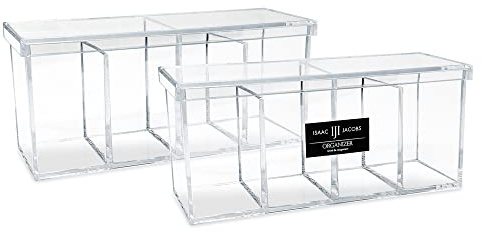 Isaac Jacobs 2-Pack 4-Compartment Clear Acrylic Organizers with Lid (9” L x 3” W x 4” H), Makeup Brush Holder, Sectional Tray, Storage Solution for Makeup, Crafts, Office Supplies & More (2, Clear)