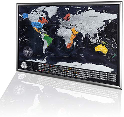 Weltkarte zum Rubbeln mit Flaggen - Rubbelkarte zum Reisen zu verfolgen - Rubbel Weltkarte mit Rahmen - Made in Europe 73cm x 53cm