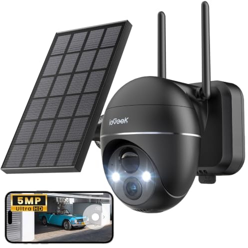 ieGeek 5MP Camera Surveillance WiFi Exterieure sans Fil Solaire, 15m Vision Nocturne Couleur, Detection Humaine PIR & Sirène Alarme, Caméra IP Batterie, Audio Bidirectionnel Alexa
