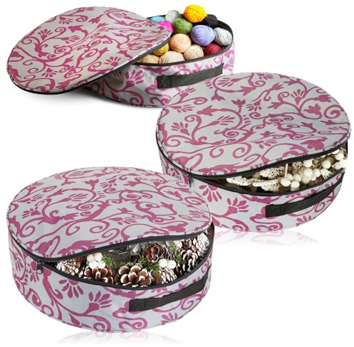 COM-FOUR® 3x storage bag for wreaths, garlands, sewing and toys - large round fabric box with carrying handle for Christmas, Easter, Advent decoration with zipper (3 pieces - grey + purple)