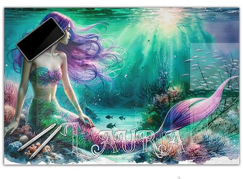 Gaming Schreibtischunterlage personalisiert mit Namen | wasserfeste Schreibunterlage, abwischbar, hochwertiges Acrylglas, Gamer Teenager Kunststoff | 60x40cm Meerjungfrau Aquarell