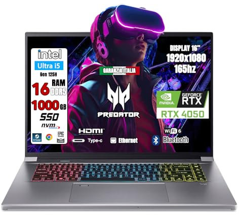 acer Notebook Gaming Predator Triton Neo • Portatile Gaming Processore Intel Ultra 5 125H • RAM 16 GB DDR5 • SSD 1 Tb • Display 16.0 FULL HD IPS 165 Hz • NVIDIA GeForce RTX 4050 6 GB GDDR6