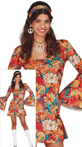 FIESTAS GUIRCA Déguisement Flower Power Femme - Robe Hippie Courte Années 70 avec Motif Fleur et Bandeau Hippie - Déguisement Disco Années 60 pour Femme Taille M