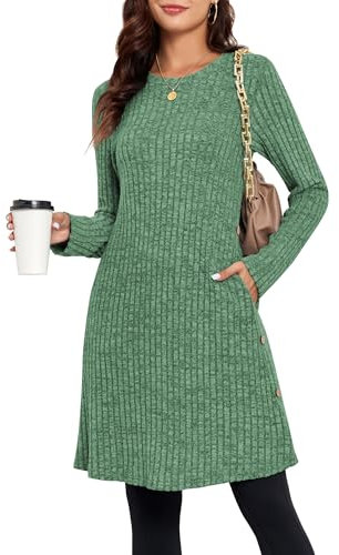 SENBATU Pulloverkleid Damen Langarm Winterkleid Damen Seitliche Knöpfe Kleider Damen mit Taschen Grün XX-Large