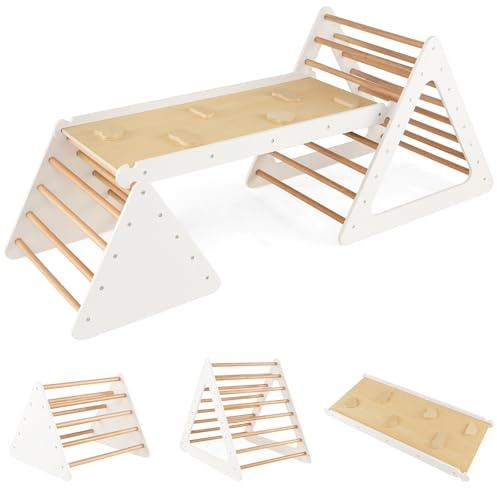 HOMASIS 3 en 1 Triángulo de Escalada con Tobogán para Niños, Pared Escalada Niños de Madera, Rampa Multifuncional, Juego de Juguetes de Escalada para Niños (Blanco)