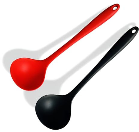 Mestolo in Silicone, 2 Pezzi Mestolo di Zuppa in Silicone a Manico Lungo (Rosso, Nero)