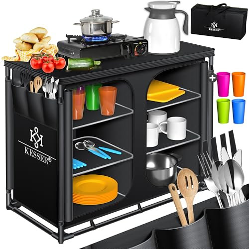 KESSER® Campingküche | Inkl. Tragetasche & Becherset | Campingschrank Faltschrank | mit Aluminiumgestell | Reiseküche | Küchenbox | Zeltschrank | Outdoor Camping Küche | Schwarz/Schwarz | Typ F6