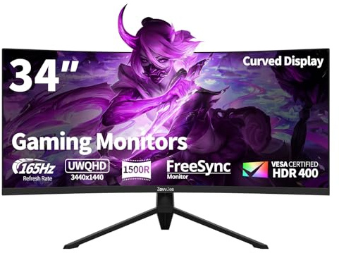 ZovvJee 34 Inch Curved Gaming Monitor 165Hz UWQHD (3440x1440), 1500R, 1ms MPRT, HDR400, 99% sRGB, FreeSync Premium, HDMI/DP Ports, VESA Mount - Ultrawide PC Monitor for Immersive Gaming Experience
