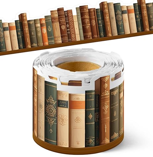 BeYumi Vintage Bookshelf Border Trim - 65ft Back to School Retro Brown Books Rolled Border Trim Bookshelf Bulletin Board Library Classroom Office Chalkboard Home Reading Corner Wall Party Decoration