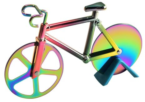 ACOLY Cortador de pizza en forma de bicicleta, cortador de rueda de acero inoxidable, rebanador doble con rueda de corte afilada y soporte para fiestas en la cocina.
