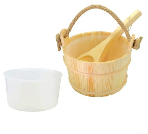 Seau de sauna et louche 6 L – Seau à eau en bois d'épicéa avec doublure en plastique et poignée en corde – Comprend une louche pour verser de l'eau sur des pierres chaudes